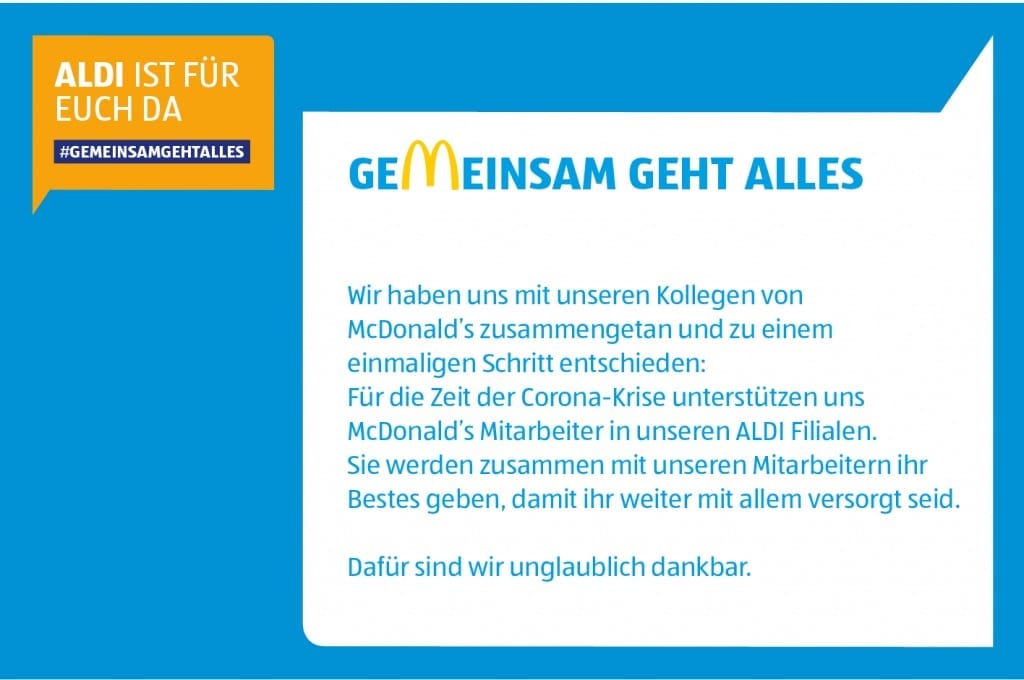 An unusual alliance: In face of the Corona crisis, Aldi and McDonald’s chose to join forces. Source: Aldi Sued. // Eine ungewöhnliche Allianz: Angesichts der Corona-Krise bündeln Aldi und McDonald’s ihre Kräfte. Quelle: Aldi Süd.